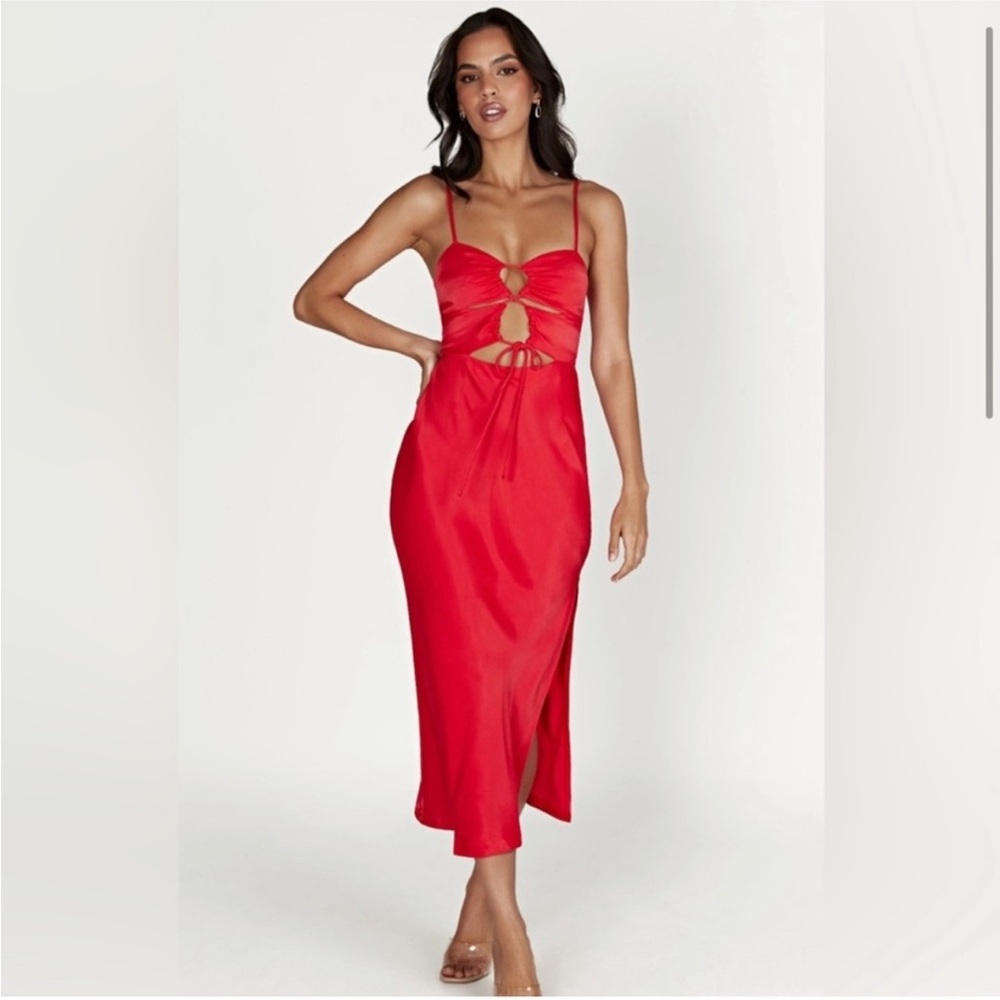 Meshki Cassie Ruched Cut Out Midi Dress- Red XS